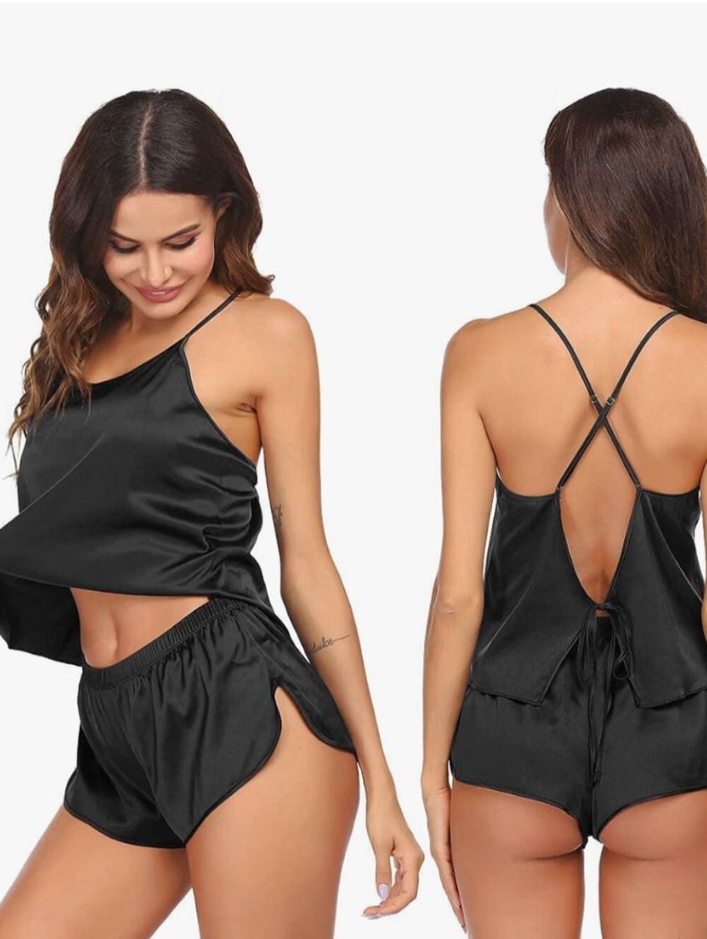 Women's Silk Pajamas Set Satin Backless Lingerie Pjs Cami Top and Shorts Night